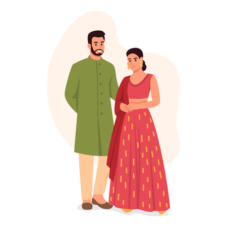 Vector illustration of a happy Indian couple in love. Cartoon scene with a smiling man hugging a woman dressed in traditional Indian clothes isolated on a white background.のイラスト素材