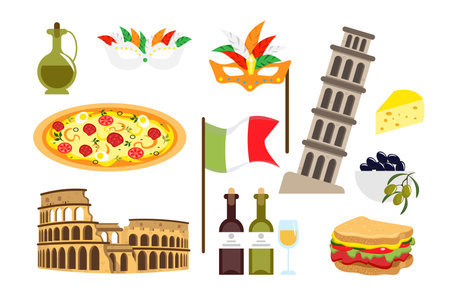 Set of equipment in Italy in cartoon style. Vector illustration of olive oil, pizza, red and white wine, carnival masks, Italian flag, sandwich, colosseum, leaning tower, cheese, olives.のイラスト素材