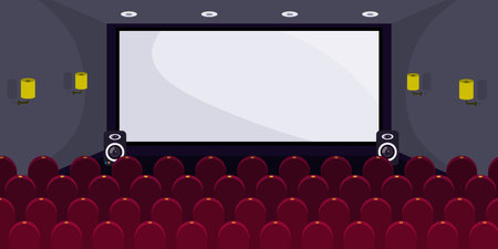 Vector illustration of modern interior cinema. Cartoon interior with big screen, speakers and many rows of seats.のイラスト素材
