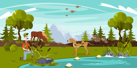 Vector illustration of beautiful hunting in the forest. Cartoon forest landscape with a hunter near the lake with a dog for elk, wild boar, ducks on a mountain background.のイラスト素材