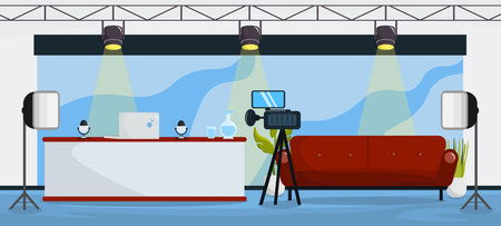 Vector illustration of modern interior TV studios. Cartoon interior with host table, sofa for guests, camera, lighting, microphone, background.のイラスト素材