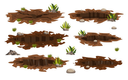 Set of earth cracks and holes in cartoon style. Vector illustration of cracks on the ground of different sizes and shapes on white background.のイラスト素材