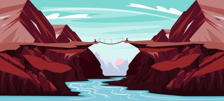 Vector illustration of a beautiful bridge over the canyon. Cartoon mountains landscape with a river in the middle of a canyon through which an old wooden bridge passes.のイラスト素材