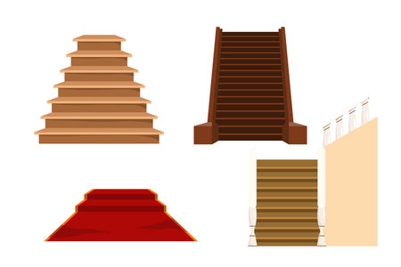 Vector illustration of various stairs: wooden stairs with handrails to the second floor, stairs with columns, red carpet in cartoon style.のイラスト素材