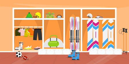 Vector illustration of a room with sports equipment. Cartoon scene with a closet with sports equipment: different types of balls, clothes, shoes, helmet, tennis balls, suitcase, skis, snowboard.のイラスト素材