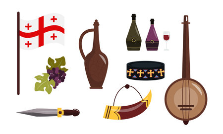 Georgia equipment set isolated on white background. Vector illustration of Georgian flag, grapes, bottles and glass with wine, jug, dagger, wine horn, pandura, hat in cartoon style.のイラスト素材