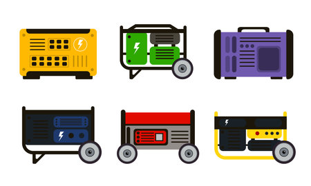 Set of colored generators isolated on white background. Vector illustration of various portable,...
