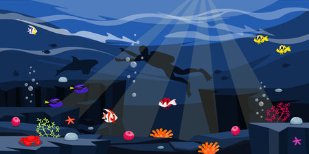 Vector illustration of a beautiful underwater world. Cartoon seabed with a silhouette of a scuba diver with fish, starfish, crab, algae, coral reefs. A diver dives to the seabed.のイラスト素材