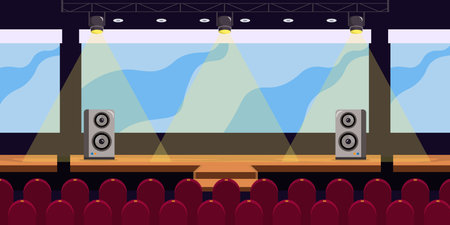 Vector illustration of a beautiful big hall with a stage.A stage with spotlights with a stream of light, speakers, a screen, stairs, a hall with chairs for spectators in a cartoon style. Concert hallのイラスト素材