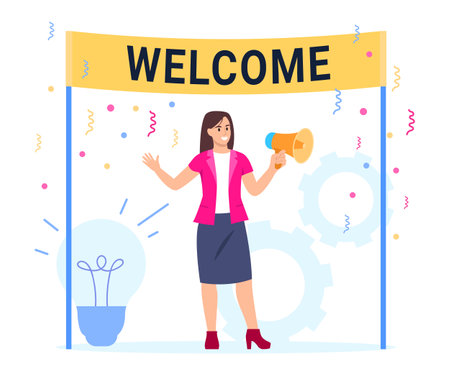 Vector illustration with a welcome poster. Cartoon scene with smiling girl with megaphone and welcome poster, confetti, inviting people isolated on white background. Welcome to the new team member.のイラスト素材