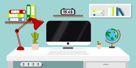 Vector illustration of modern interior workplace. Cartoon interior with computers, cactus, shelf with books and folders, lamp, clock, socket.のイラスト素材