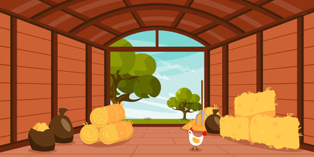 Vector illustration of interior barn. Cartoon interior with hay in bags, haystack, bales, chicken against the backdrop of trees.のイラスト素材
