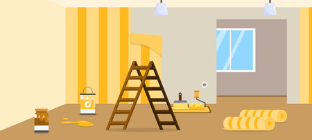 Vector illustration of modern rooms being renovated. Cartoon interior with wallpapering, glue, paint, stairs, rollers, brushes, empty rooms.のイラスト素材