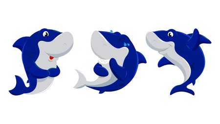 Set of beautiful blue sharks in cartoon style. Vector illustration of cute shark characters with different emotions: happy, crying, smiling isolated on white background.のイラスト素材