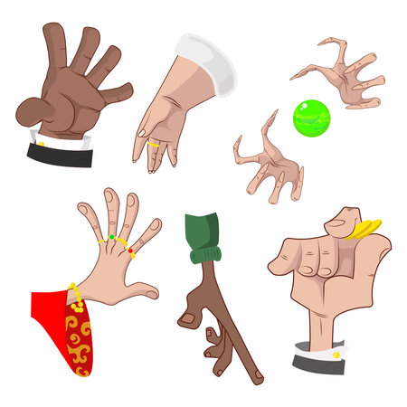 Set of different hand gestures with objects in cartoon style. Vector illustration of light-skinned and dark-skinned hands with gestures: waving hand, with rings, bracelet, witch with magic ball.のイラスト素材