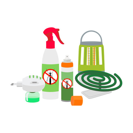 Set of different insect sprayers in cartoon style. Vector illustration of anti-mosquito sprays: electro fumigator with liquid, spray with atomizer, can, anti-mosquito lamp, coil against mosquitoes.のイラスト素材