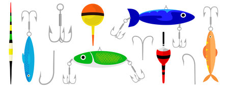 Set of different fishing tools in a cartoon style. Vector illustration of colorful fishing tools: rod, spinner, wobbler, fishing hooks, floats. Lures for fishing.のイラスト素材