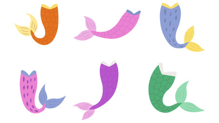 Set of beautiful mermaid tails in cartoon style. Vector illustration of different colored mermaid tails with scales: orange, purple, blue, green isolated on white background.のイラスト素材