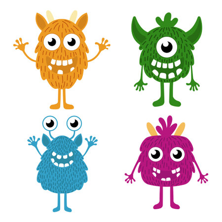 Set of cute fluffy monsters in cartoon style. Vector illustration of different funny colored...