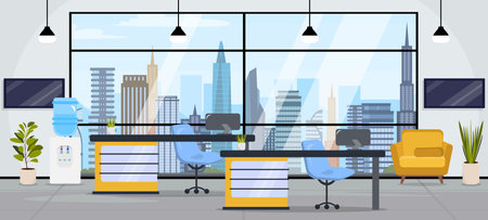 Vector illustration of a beautiful office interior. A cartoon scene of a modern office with desks, computers, flower pots, a water cooler, TVs, a chair, a window with silhouettes of buildings.のイラスト素材