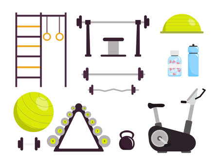 Set of sports equipment in cartoon style. Vector illustration of different sports objects in gyms, for fitness: horizontal bars, Swedish wall, dumbbells, ball, exercise bike, kettlebell, water bottle.のイラスト素材