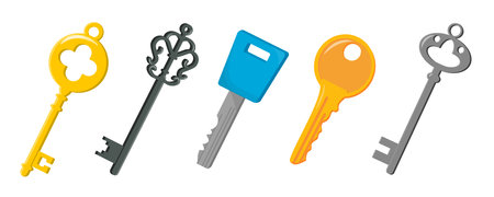 Set of beautiful colored keys in cartoon style. Vector illustration of door keys of different shapes and designs isolated on white background. Ancient and modern keys for closing and opening doors.のイラスト素材