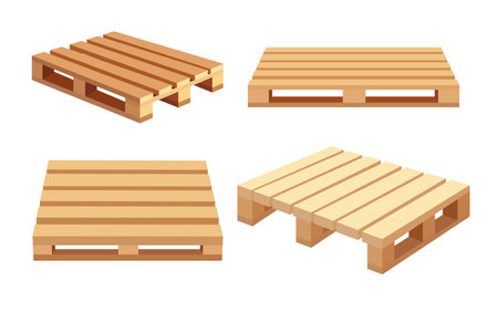 Set of beautiful wooden pallets in cartoon style. Vector illustration of wooden pallets in different angles: front, corner isolated on a white background. Pallets for cargo transportation.のイラスト素材