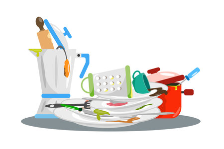Vector illustration of various dirty dishes. Cartoon scene with dirty dishes on the table: plates, cup, pan, grater, fork, knife, spoon, rolling pin isolated on white background. Dishes need washing.のイラスト素材