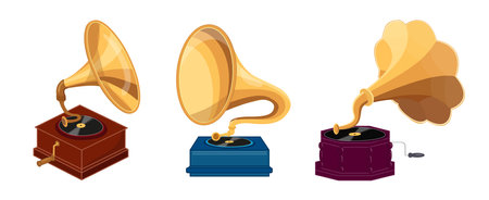 Set of beautiful golden gramophones in cartoon style. Vector illustration of various vintage gramophones with vinyl records isolated on white background. Vintage musical phonographs.のイラスト素材