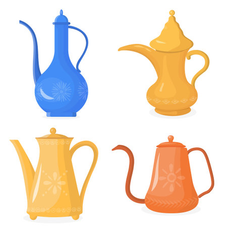 Set of beautiful Arabic jugs in a cartoon style. Vector illustration of Arabic jugs of various colors and shapes with beautiful floral and geometric designs isolated on white background.のイラスト素材
