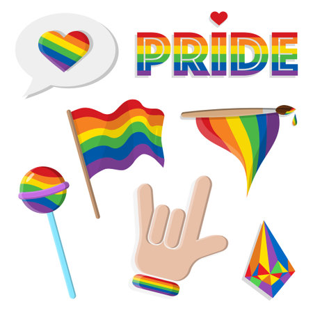 Set of LGBT pride elements in cartoon style. Vector illustration of color symbols of flag, rainbow, pride lettering, heart, diamond, horn gesture isolated on white background.のイラスト素材