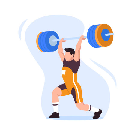 Vector illustration of a sportsman weightlifter with a dumbbell. Cartoon scene of a male athlete lifting a heavy dumbbell above his head, holding it in his outstretched arms on a white background.のイラスト素材