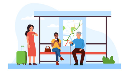 Vector illustration of a group of people at a bus stop. Cartoon scene of people waiting for transport at a bus stop: a girl with a suitcase, a grandfather with a stick, a girl looking at the phone .のイラスト素材