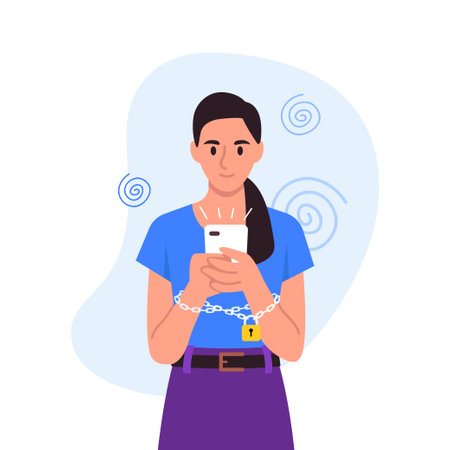 Vector illustration of a girl who spends too much time on the phone. Cartoon scene with a girl chained to a phone with a lock isolated on a white background. Addiction to the phone, social network.のイラスト素材
