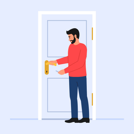 Vector illustration of a guy who closes or opens the apartment door. Cartoon scene with a bearded guy holding a key in his hand and closing the apartment door isolated on a white background.のイラスト素材
