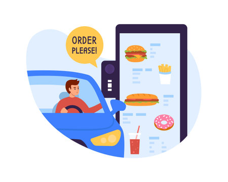 Vector illustration of ordering food through a drive-through window. Cartoon scene with a guy in a car ordering food through the window and saying order please isolated on white background. Fast food.のイラスト素材