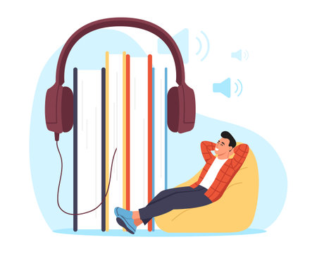 Vector illustration of a boy listening to an audiobook. Cartoon scene with a smiling guy sitting in a chair and listening to an audio book, different colored books with headphones.のイラスト素材