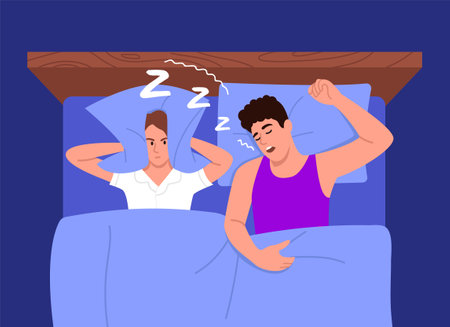 Vector illustration of a guy snoring. Cartoon scene of a man and a woman sleeping in bed, disturbing his girlfriend's sleep. A woman covers her ears with a pillow from her husband's snoring.のイラスト素材
