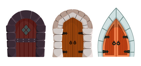 Set of beautiful vintage doors in cartoon style. Vector illustration of an exterior element of an old wooden entrance door of different shapes with handles, stones isolated on a white background.のイラスト素材