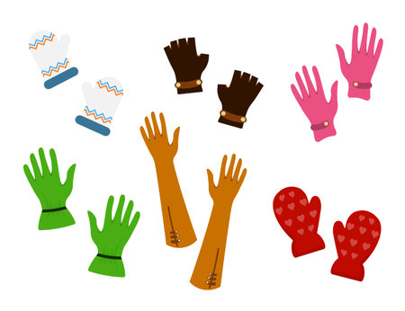 Set of cute pairs of gloves in cartoon style. Vector illustration of colored beautiful gloves with different designs and types, for children and adults: long, mitten gloves with ornament, hearts.のイラスト素材