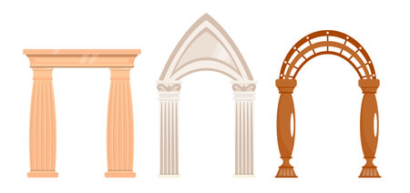 Set of exquisite classic arches in a cartoon style. Vector illustration of beautiful, elegant antique arches: rectangular and arched with capitals and bases. Support for arches and vaults.のイラスト素材