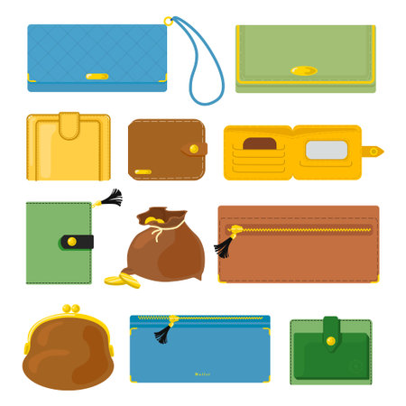 Set of beautiful card holders, wallets in cartoon style. Vector illustration of colored wallets, cardholders, a bag with gold coins of different shapes and sizes isolated on white background.のイラスト素材