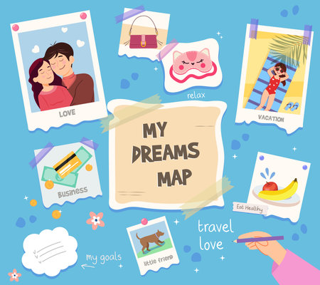 Vector illustration of a beautiful dream map. Cartoon wish map with images of dreams: love, new handbag, relax, vacation, business, achievement, healthy food, pet isolated on blue background.のイラスト素材