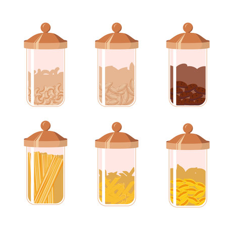 Set of bulk food containers in cartoon style. Vector illustration of containers, jars for storing products: nuts, almonds, cashews, chocolate cookies, macarons isolated on a white background.のイラスト素材