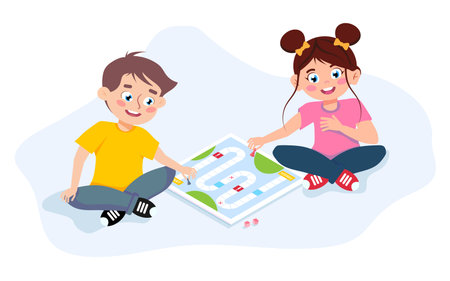 Vector illustration of a cute boy and girl playing a board game. A cartoon scene with a boy and a girl sitting on the floor and playing a board game isolated on a white background.のイラスト素材