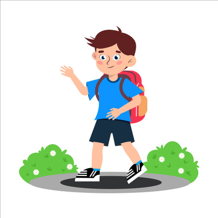 Vector illustration of a child going to school. A cartoon scene of a schoolboy waving to his friends isolated on a white background.のイラスト素材
