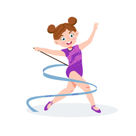 Vector illustration of a girl doing gymnastics. Cartoon scene of smiling girl doing gymnastic exercises with ribbon isolated on white background.のイラスト素材