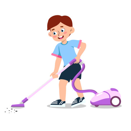 Vector illustration of a boy holding an electric vacuum cleaner. Cartoon scene of smiling boy cleaning garbage with vacuum cleaner isolated on white background.のイラスト素材