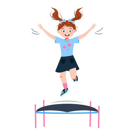 Vector illustration of a girl jumping on a trampoline. Cartoon scene of a smiling girl jumping on a trampoline isolated on white background.のイラスト素材