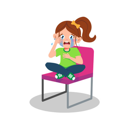 Vector illustration of a girl sitting on a chair and crying. Cartoon scene of upset girl sitting and crying isolated on white background.のイラスト素材